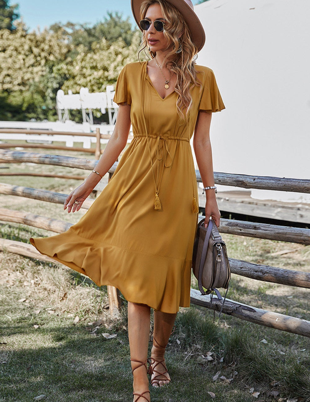 Vestido midi de manga corta para mujer con detalle de cordón en la cintura