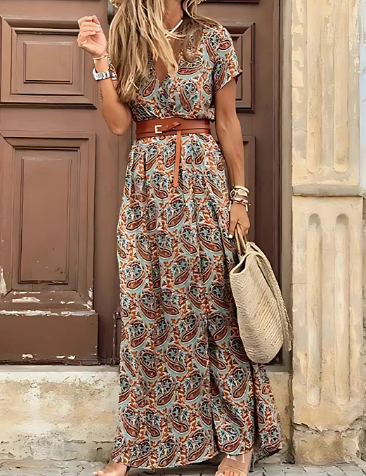Vestido largo bohemio para mujer con mangas cortas y abertura lateral
