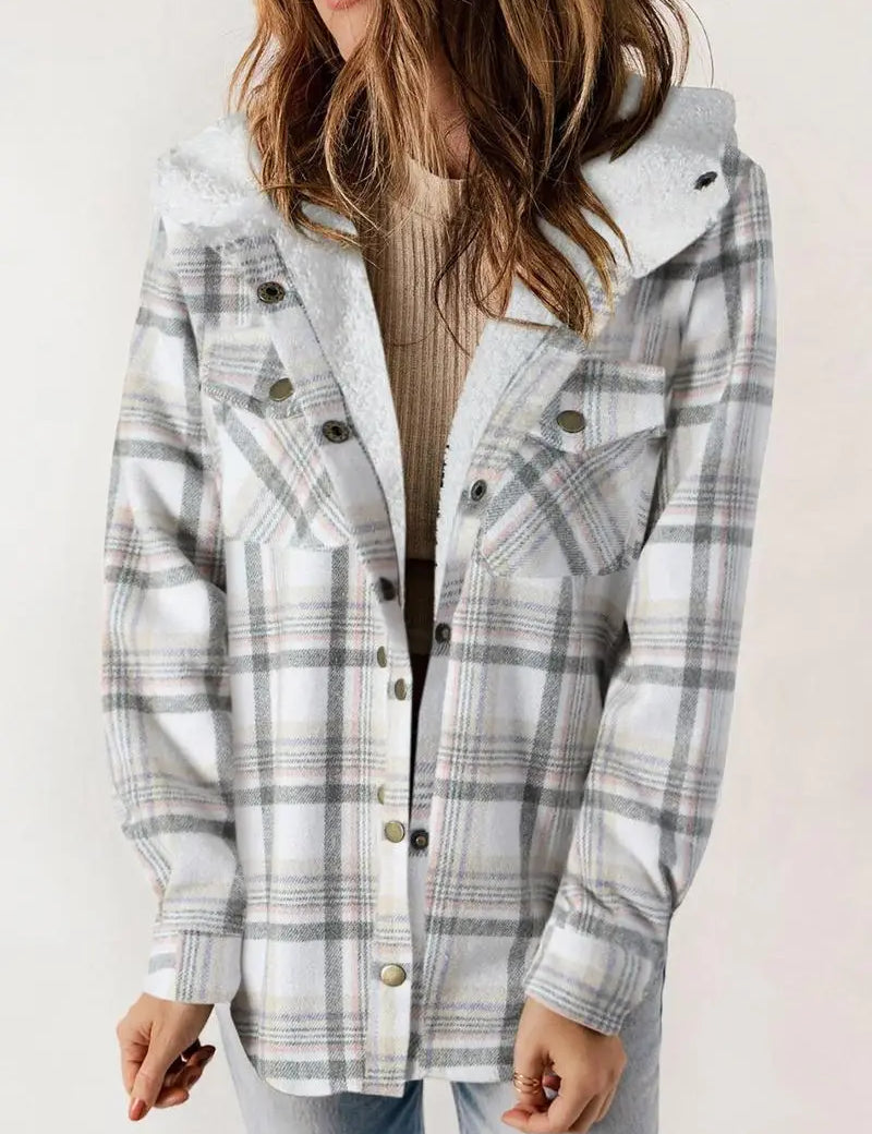 Chaqueta de invierno a cuadros para mujer con forro y capucha