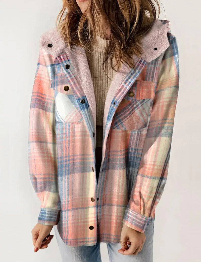 Chaqueta de invierno a cuadros para mujer con forro y capucha