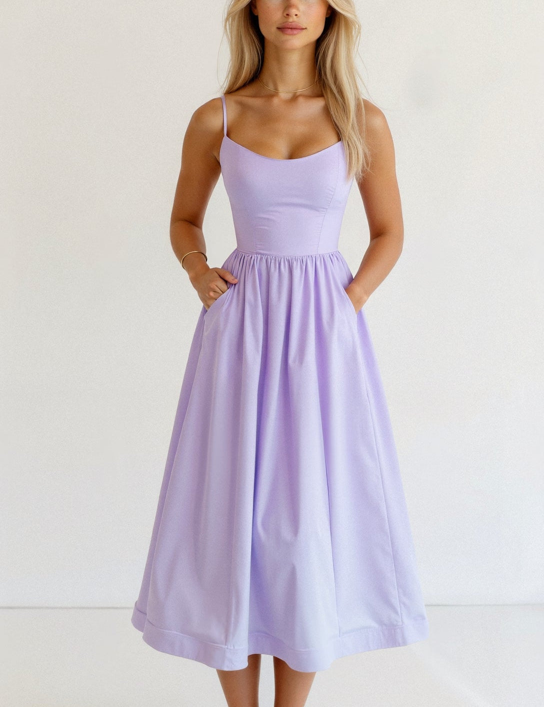 Women's Midi Dress with Spaghetti Straps and A-Line Silhouette