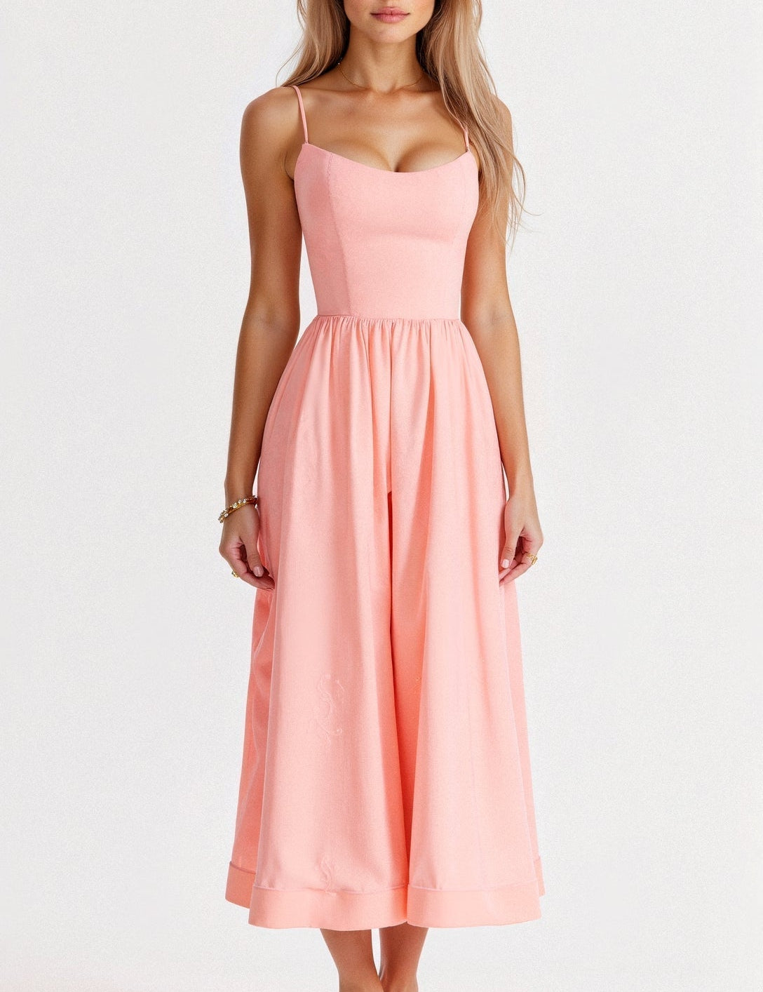 Women's Midi Dress with Spaghetti Straps and A-Line Silhouette