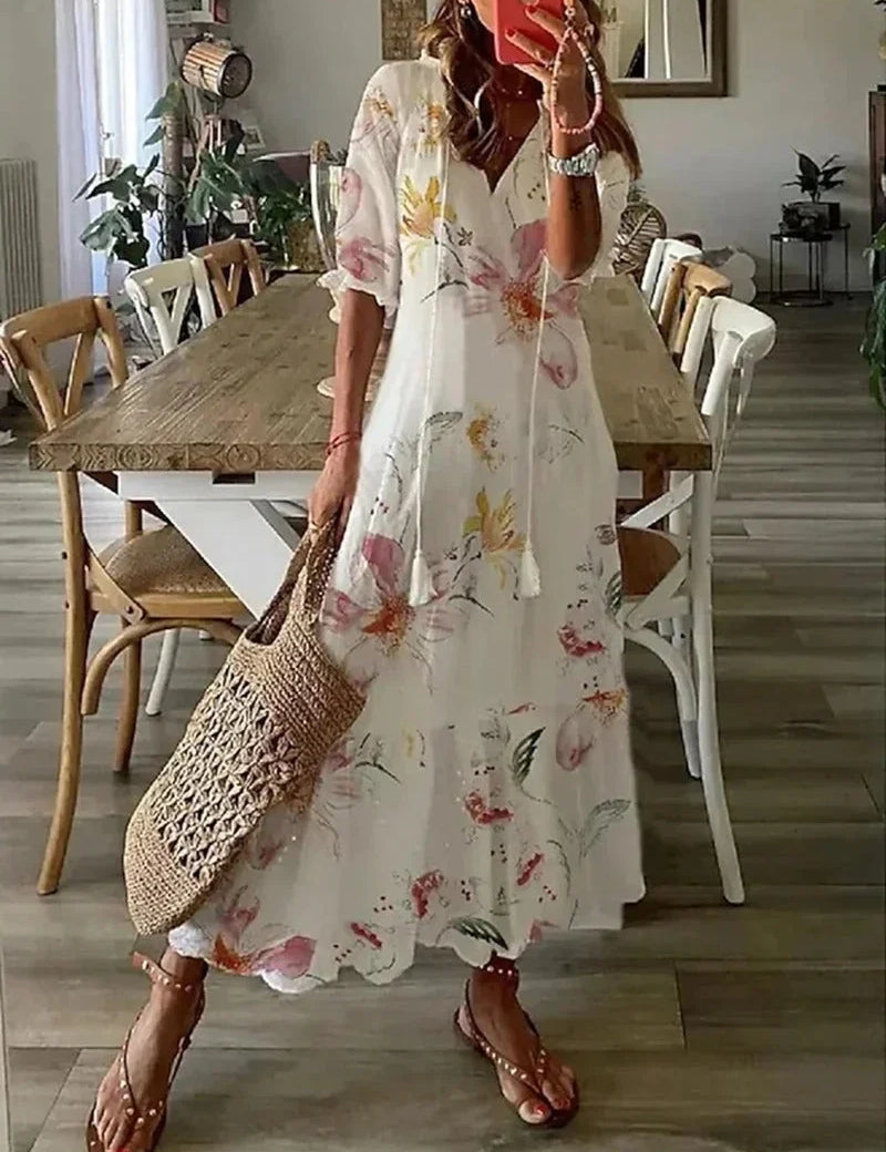 Vestido largo floral fluido con mangas para mujer