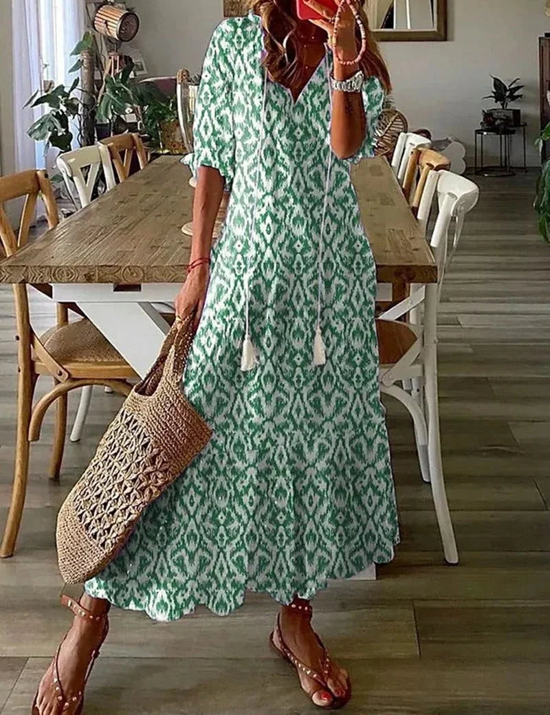 Vestido largo floral fluido con mangas para mujer