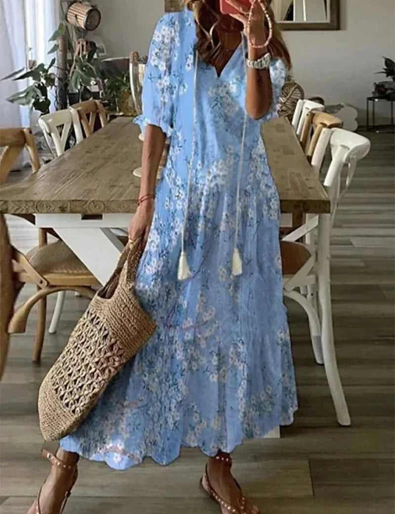 Vestido largo floral fluido con mangas para mujer