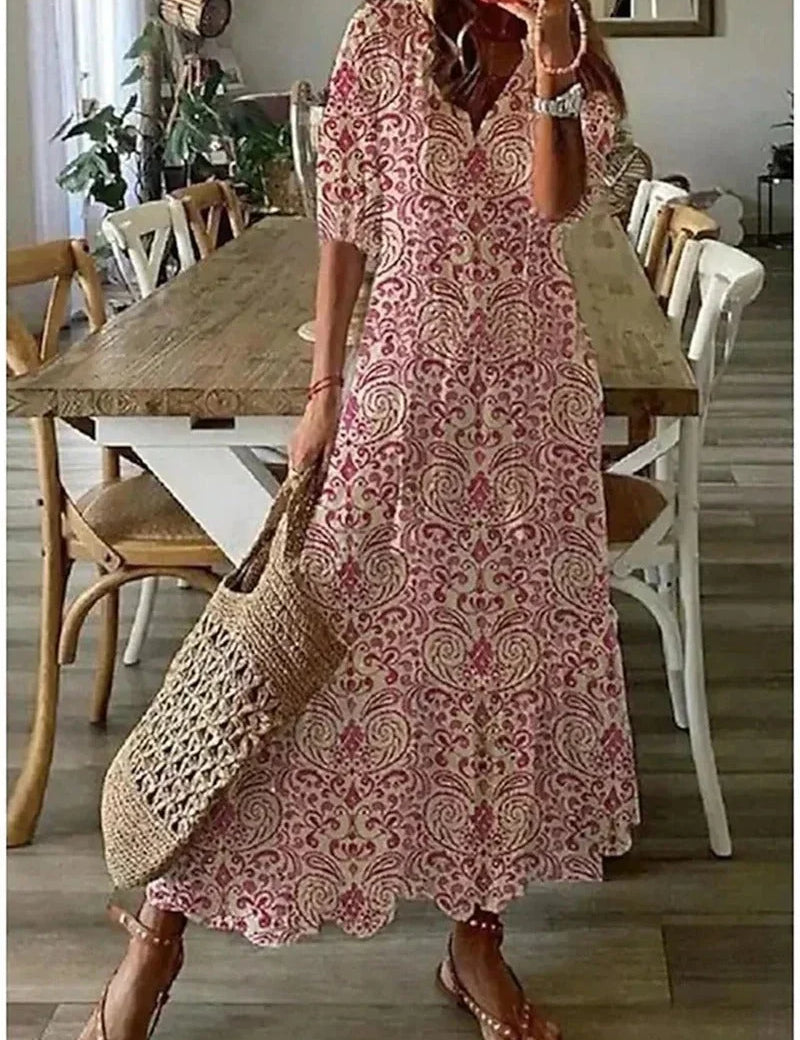 Vestido largo floral fluido con mangas para mujer