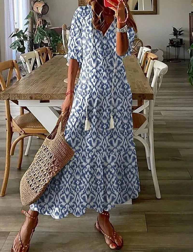 Vestido largo floral fluido con mangas para mujer