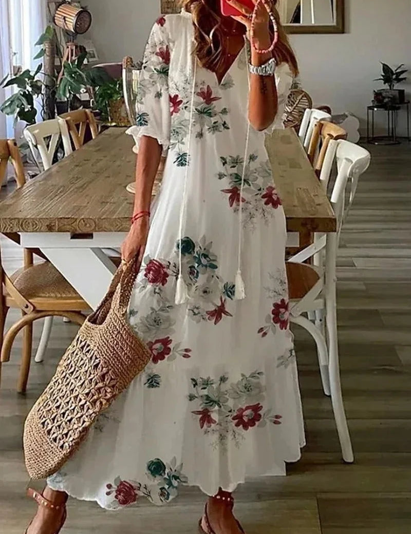 Vestido largo floral fluido con mangas para mujer