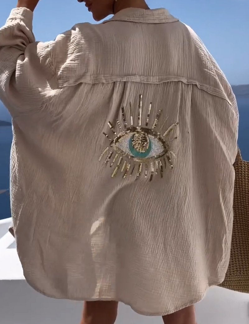 Camisa de manga larga extragrande para mujer con detalle bordado en la espalda