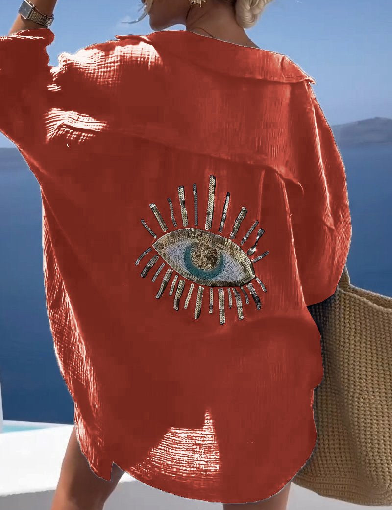 Camisa de manga larga extragrande para mujer con detalle bordado en la espalda