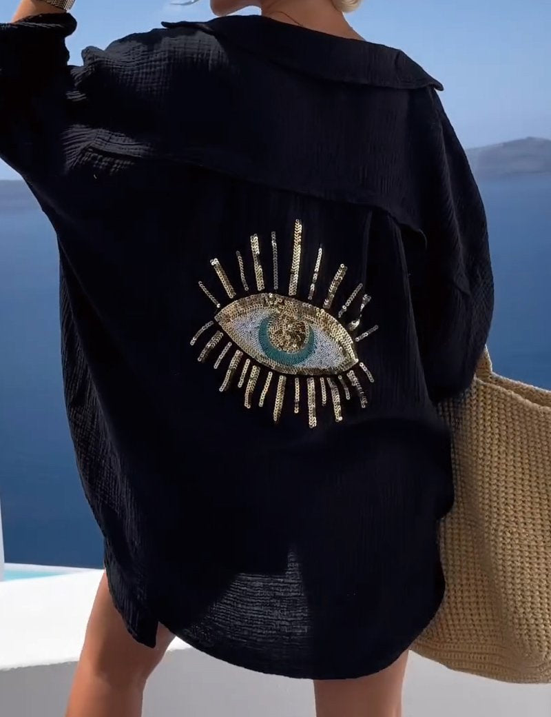 Camisa de manga larga extragrande para mujer con detalle bordado en la espalda