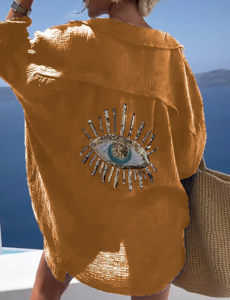 Camisa de manga larga extragrande para mujer con detalle bordado en la espalda