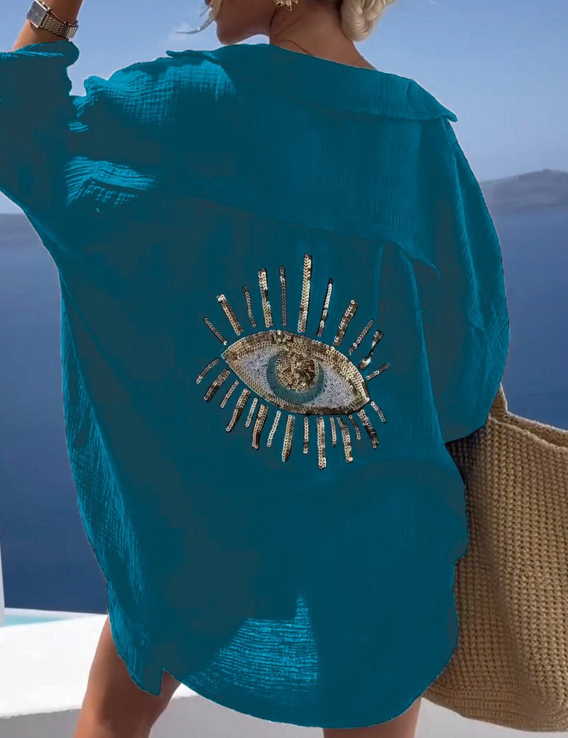 Camisa de manga larga extragrande para mujer con detalle bordado en la espalda