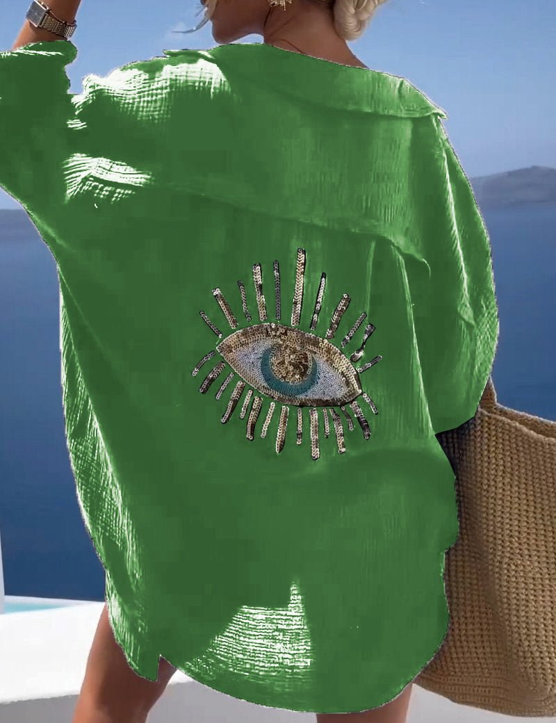 Camisa de manga larga extragrande para mujer con detalle bordado en la espalda