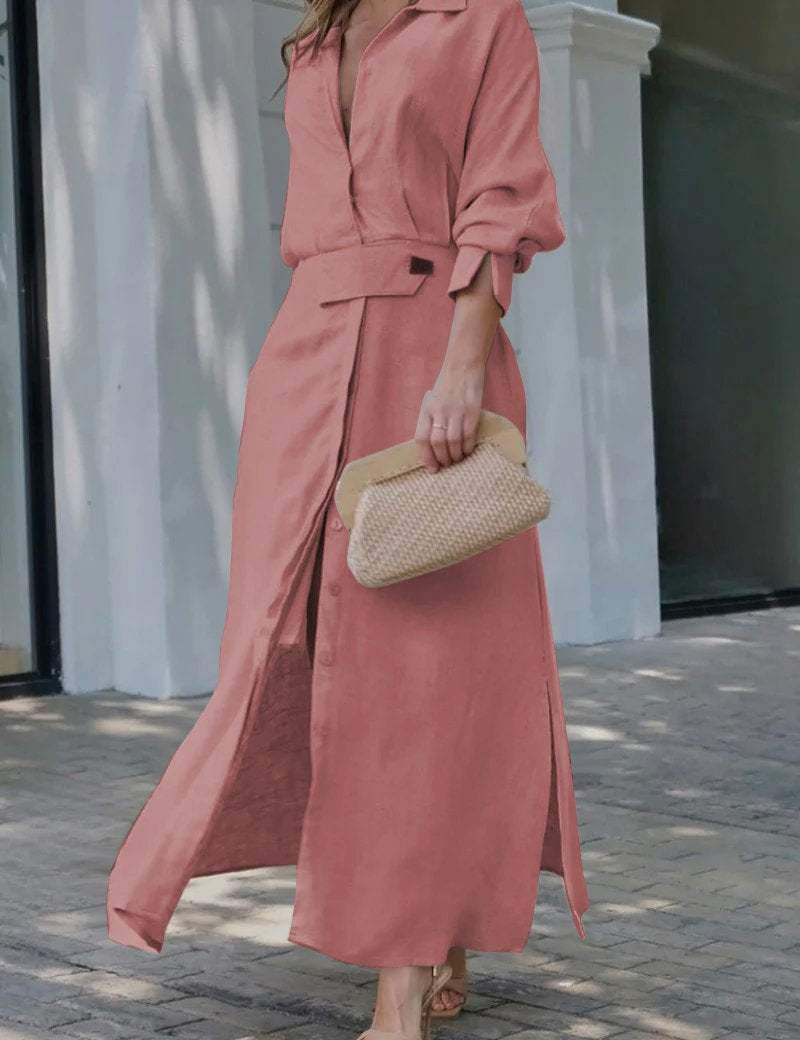 Vestido camisero largo con cinturón para mujer, abertura frontal y detalle de botones
