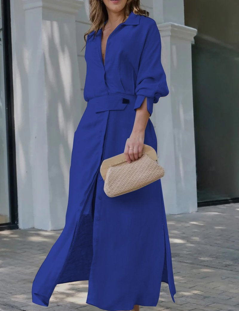 Vestido camisero largo con cinturón para mujer, abertura frontal y detalle de botones