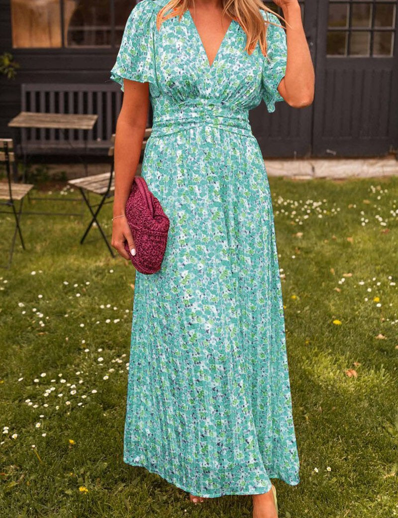 Vestido largo floral para mujer: elegante vestido bohemio de verano con escote en V