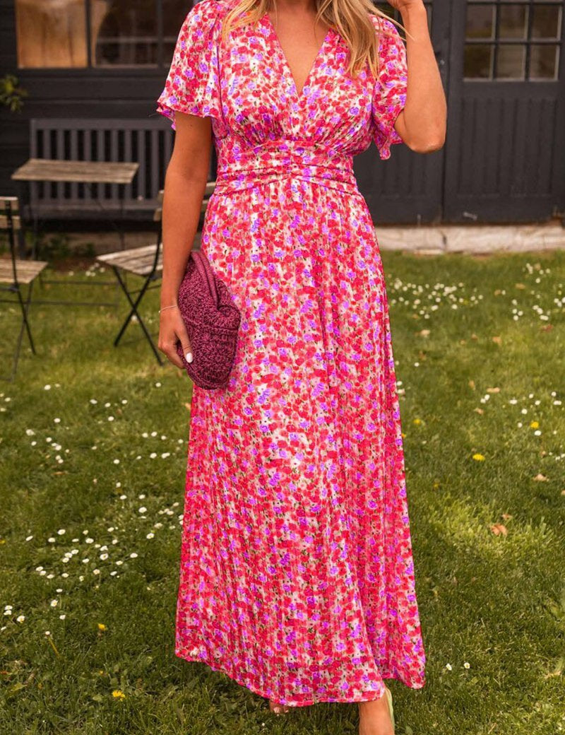 Vestido largo floral para mujer: elegante vestido bohemio de verano con escote en V