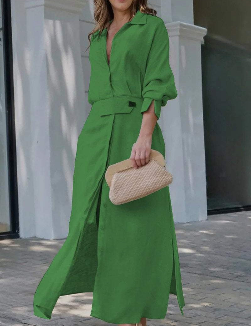 Vestido camisero largo con cinturón para mujer, abertura frontal y detalle de botones