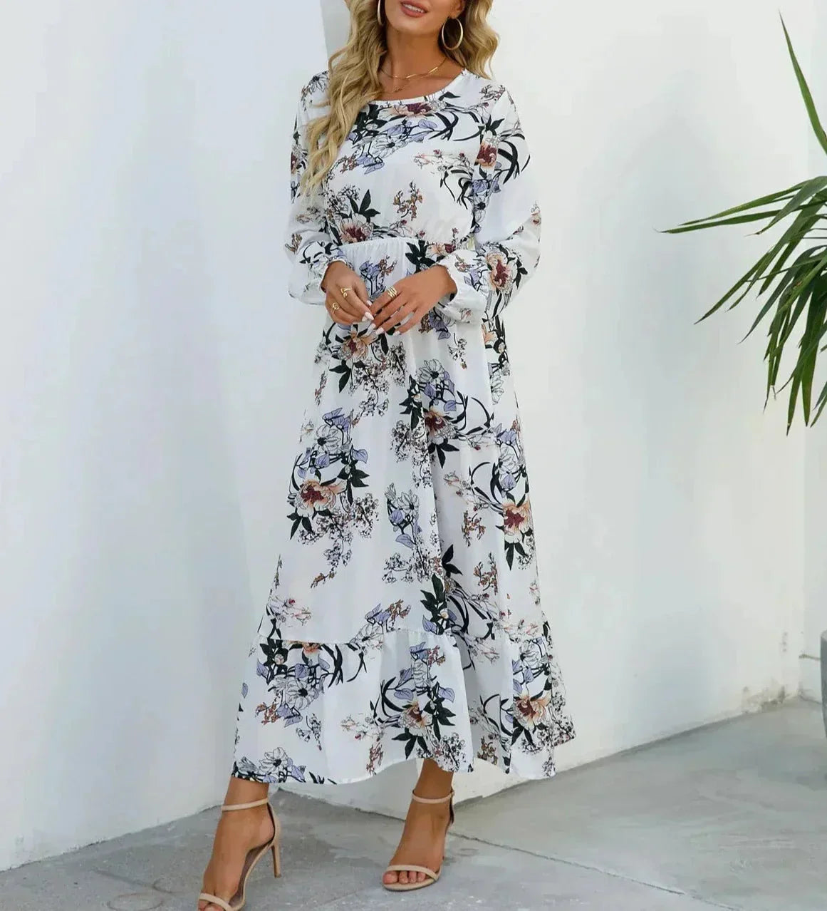 Vestido largo de manga larga para mujer con estampado floral y corte fluido