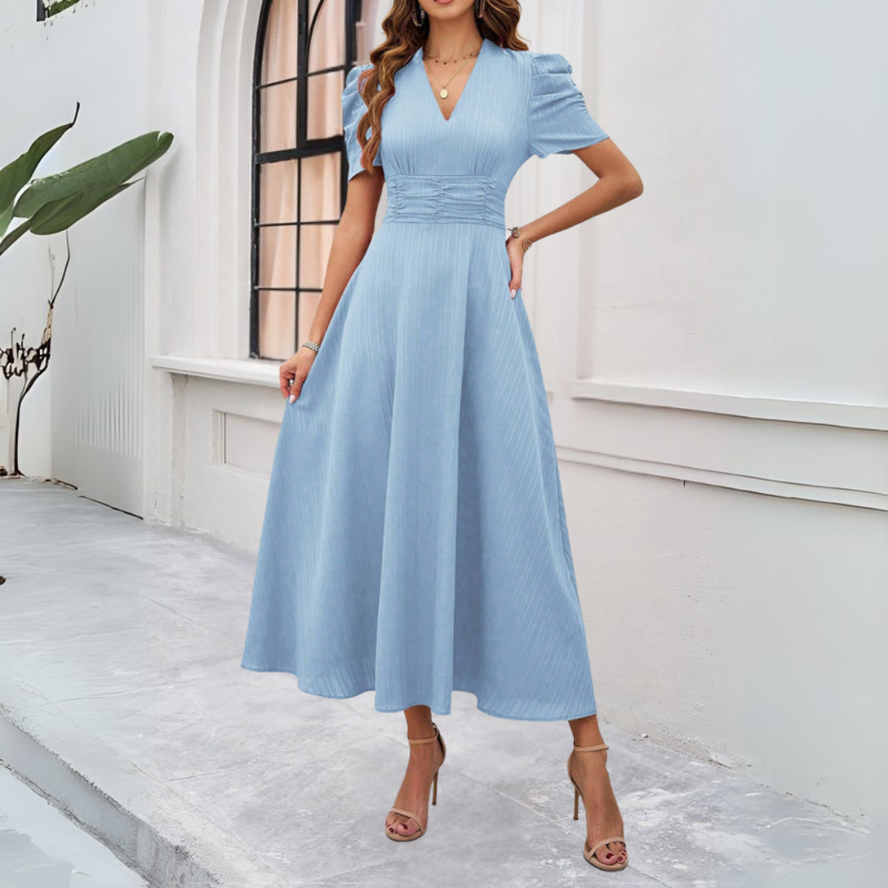 Women's V-Neck Puff Sleeve Maxi Dress with Fitted Waist Detail