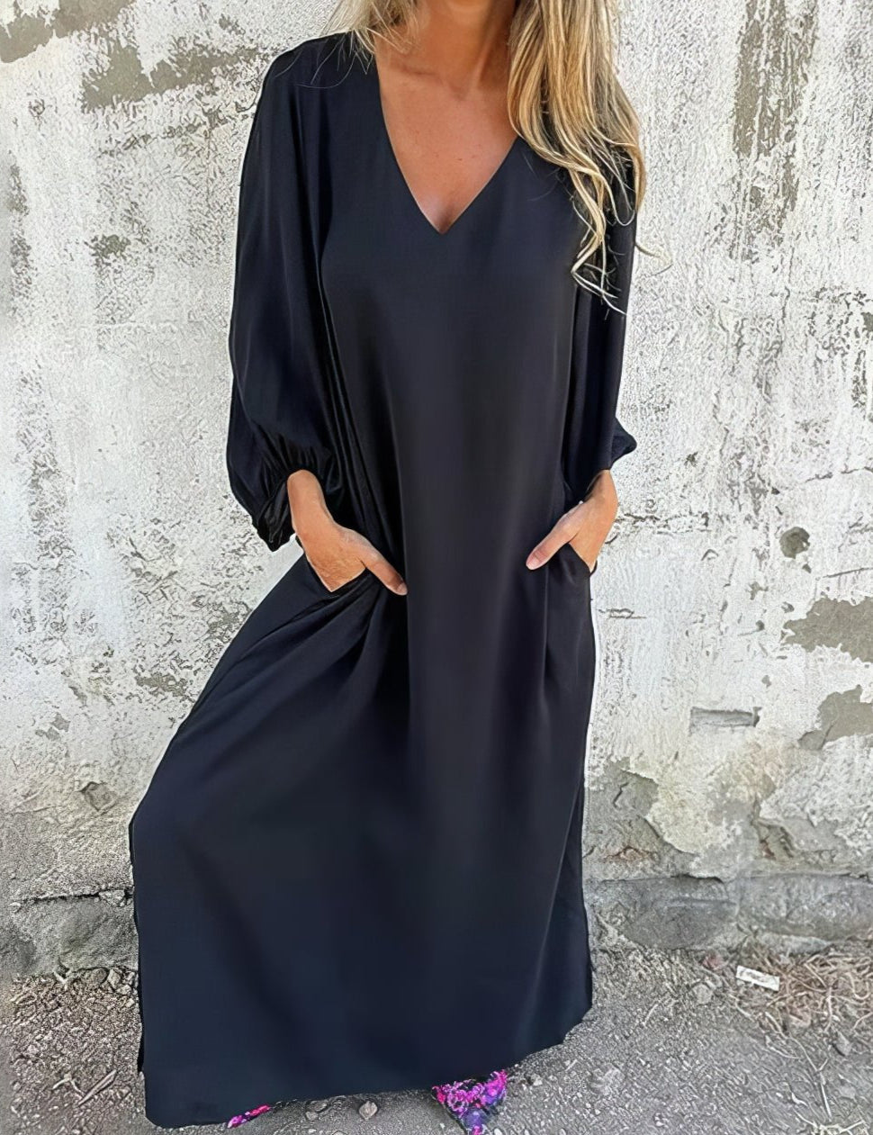 Women's Long Sleeve V-Neck Boho Maxi Dress with Pockets