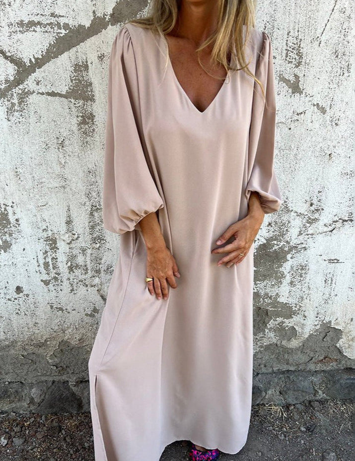 Women's Long Sleeve V-Neck Boho Maxi Dress with Pockets