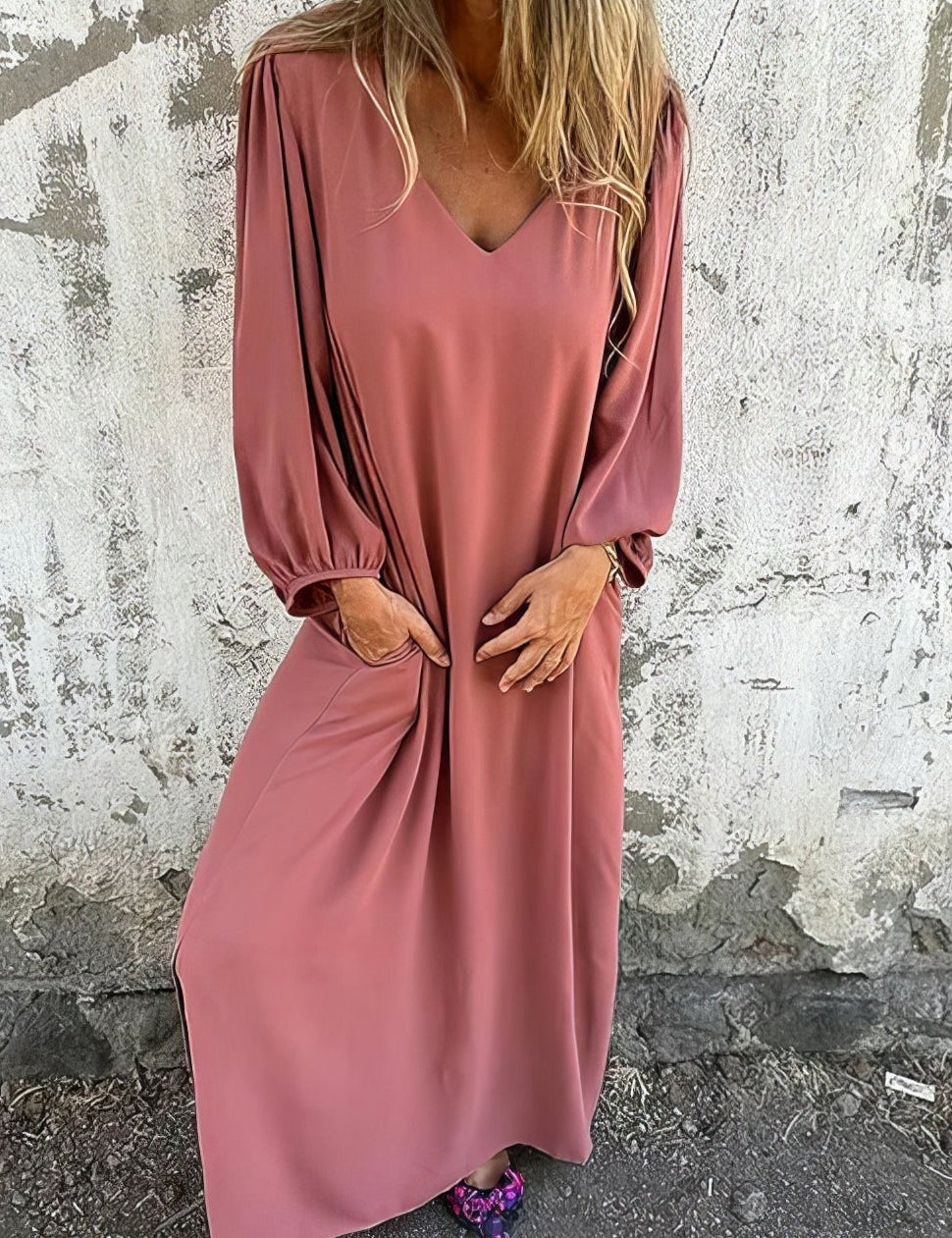 Women's Long Sleeve V-Neck Boho Maxi Dress with Pockets