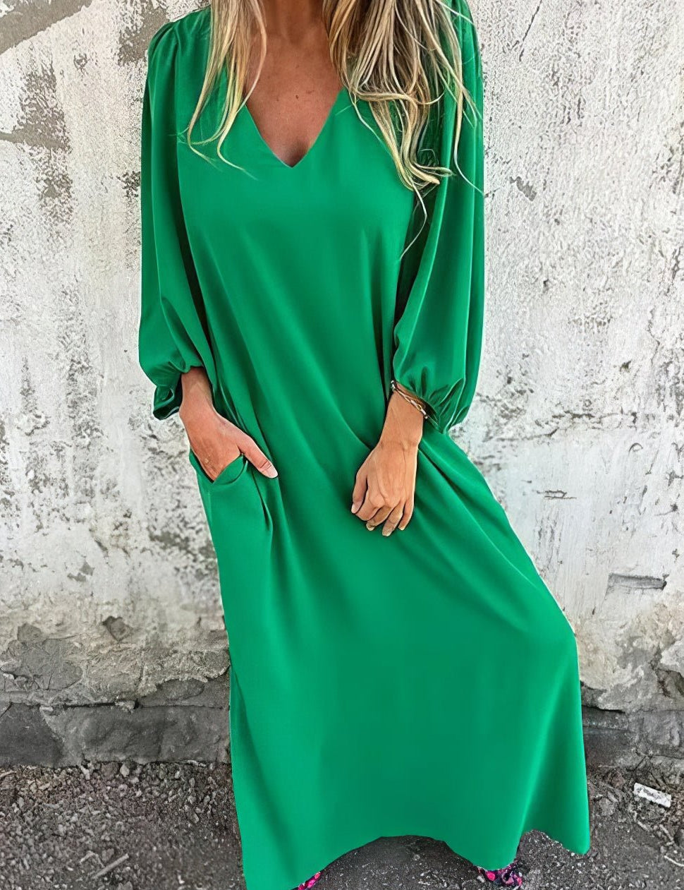 Women's Long Sleeve V-Neck Boho Maxi Dress with Pockets
