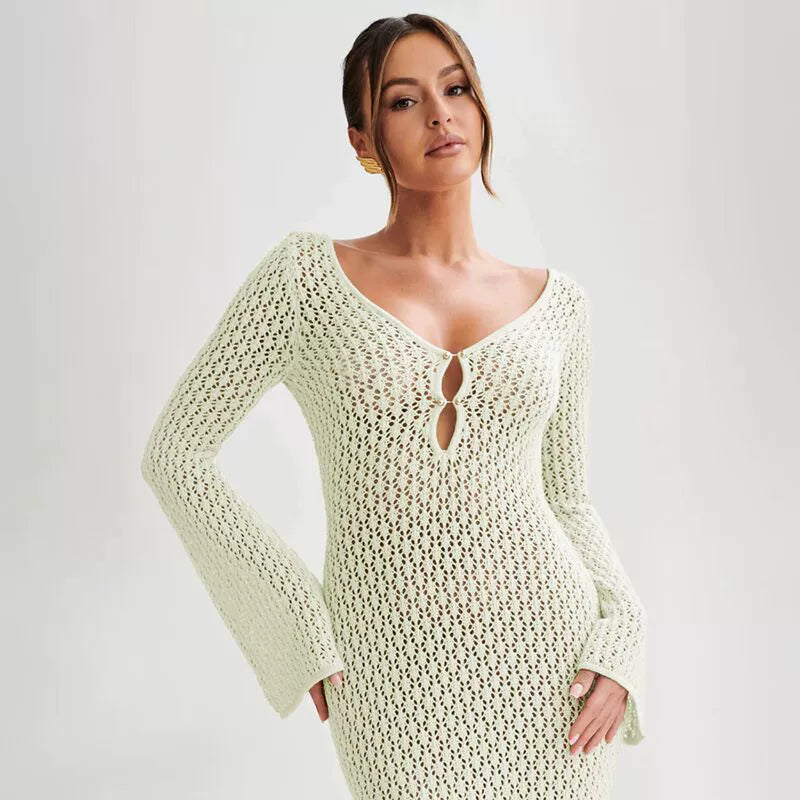 Vestido largo de punto de crochet para mujer con mangas acampanadas