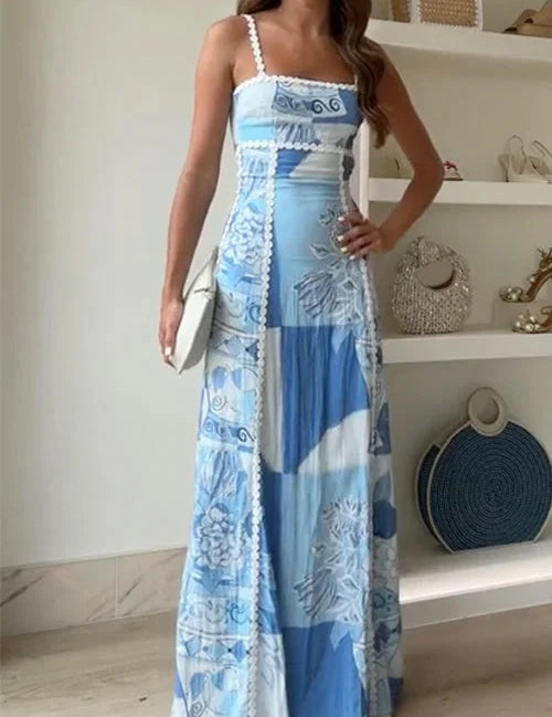 Women's Blue Patterned Maxi Dress with Lace Trim and Spaghetti Straps