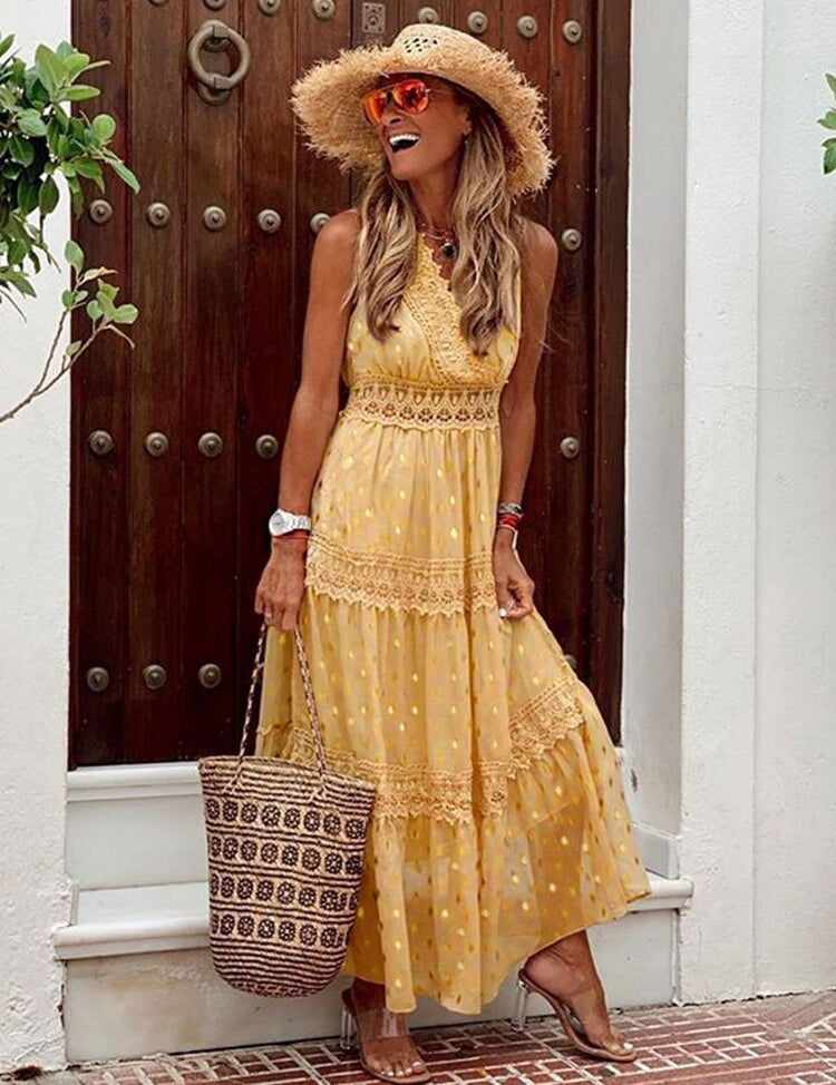 Women's Boho Maxi Dress with Tiered Skirt and Lace Trim