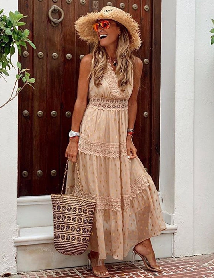 Women's Boho Maxi Dress with Tiered Skirt and Lace Trim