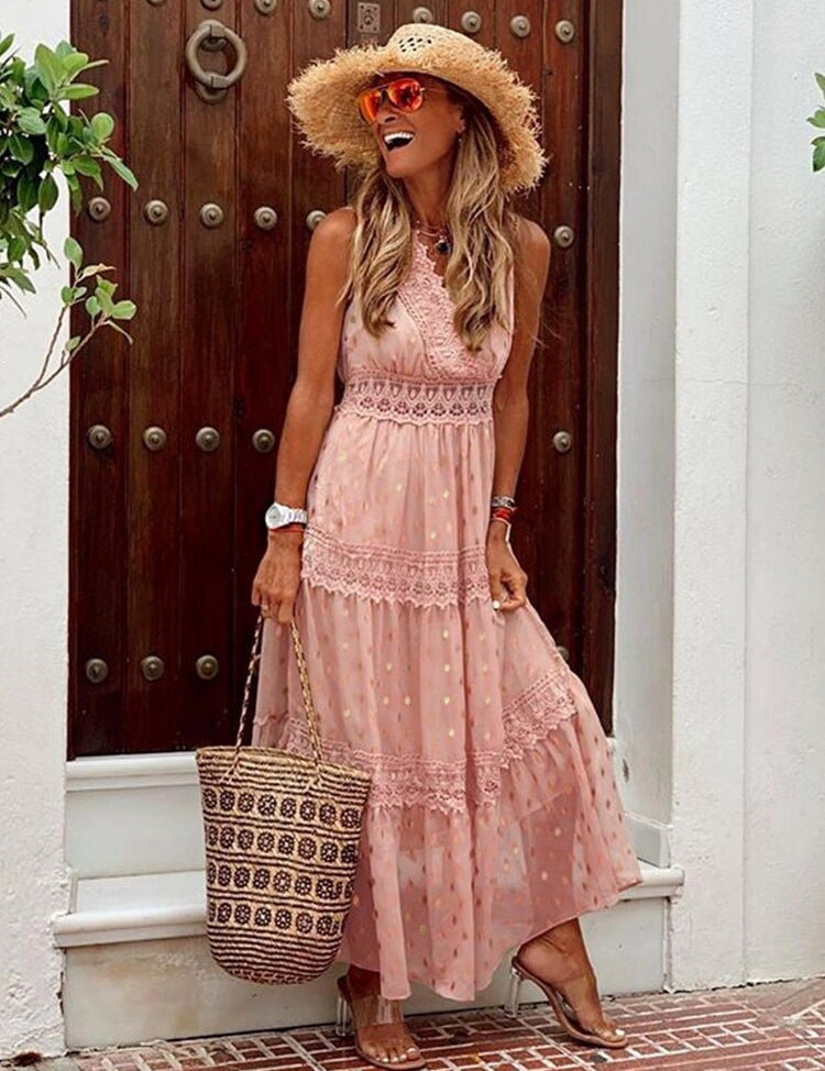Women's Boho Maxi Dress with Tiered Skirt and Lace Trim