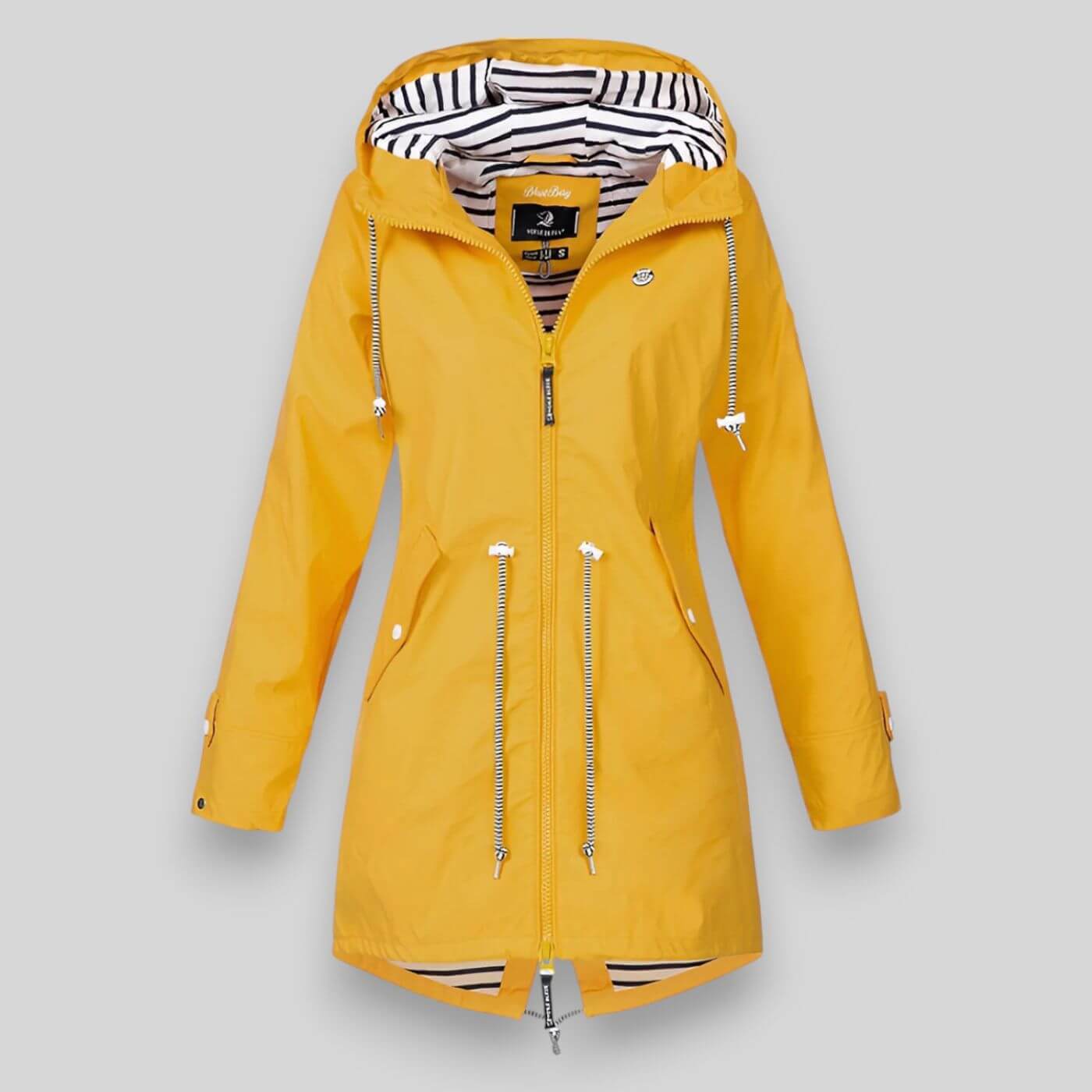 Chaqueta impermeable para mujer con cordón en la cintura y cremallera con capucha