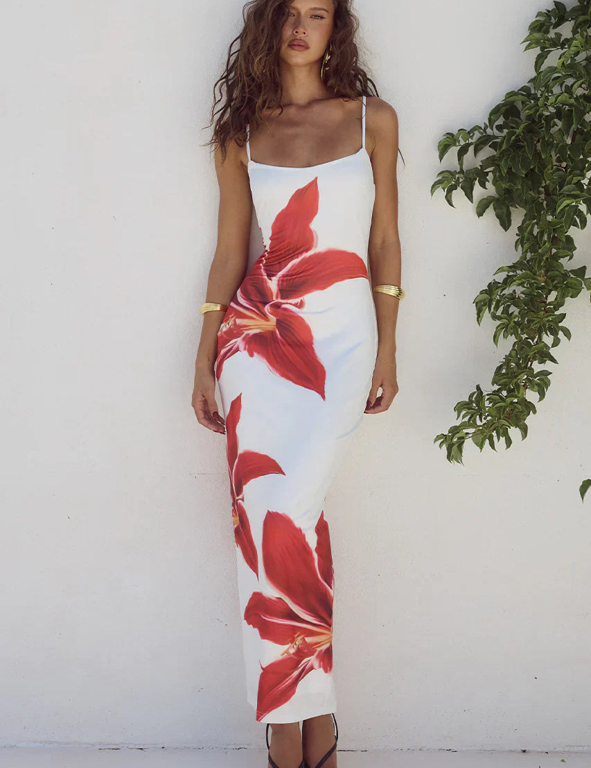 Vestido largo con tirantes finos y estampado floral para mujer