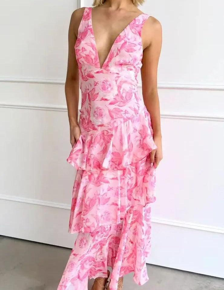 Vestido largo sin mangas con capas para mujer, escote en V profundo y bajo con volantes
