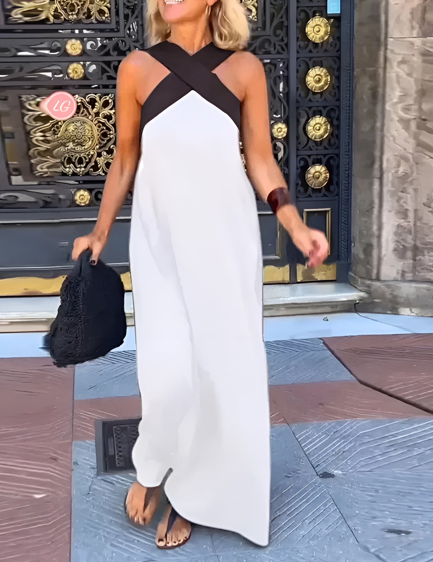 Vestido largo sin mangas para mujer con escote halter cruzado