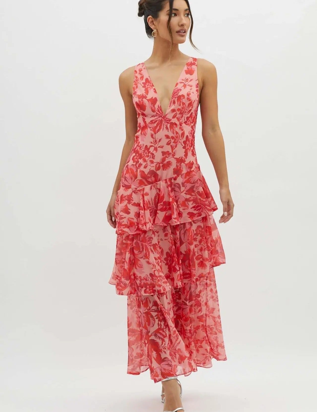 Vestido largo sin mangas con capas para mujer, escote en V profundo y bajo con volantes