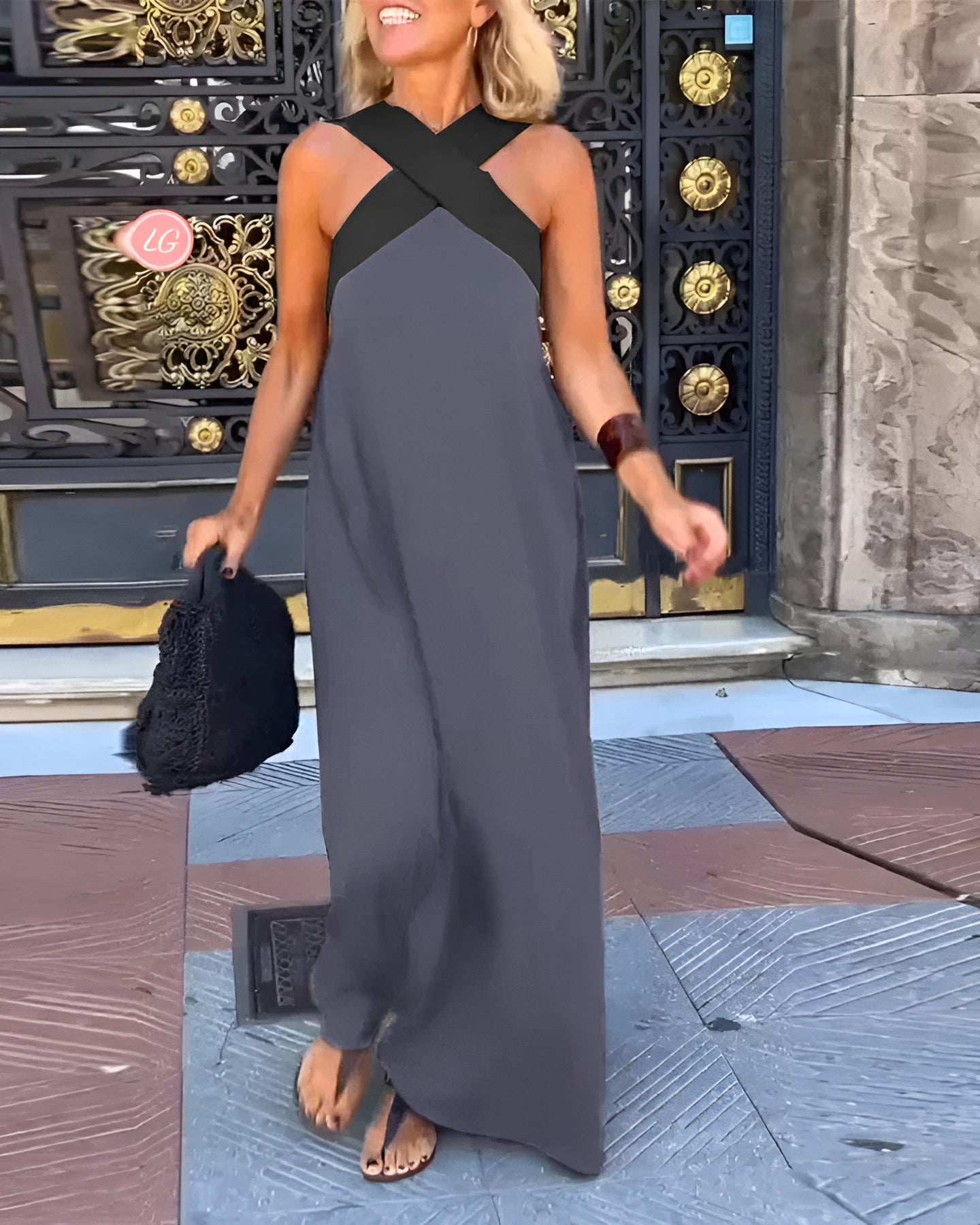 Vestido largo sin mangas para mujer con escote halter cruzado