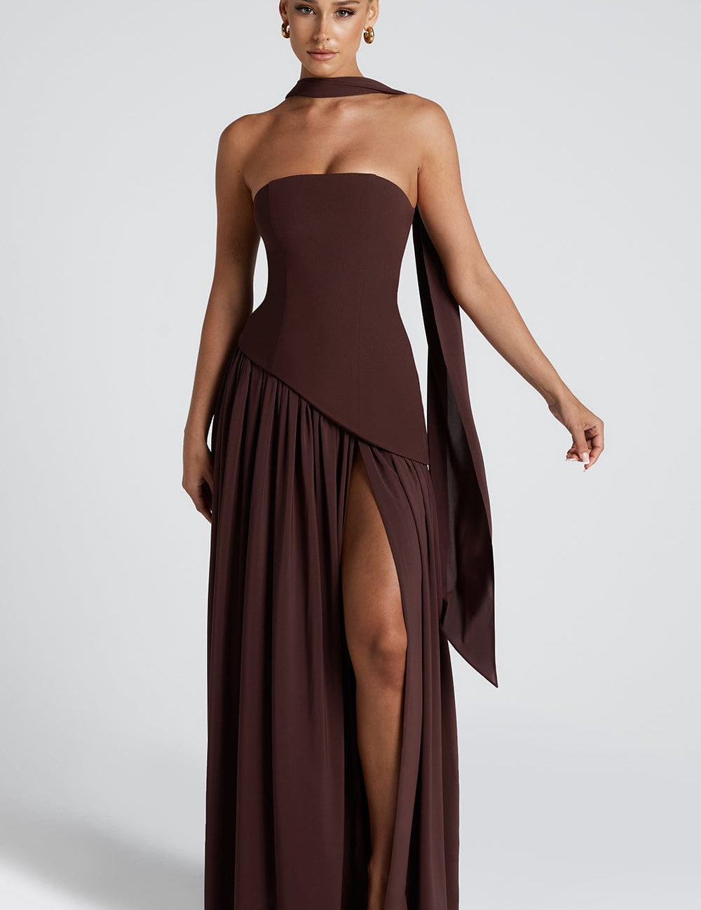 Women's Strapless Maxi Dress with High Slit and Asymmetric Waist