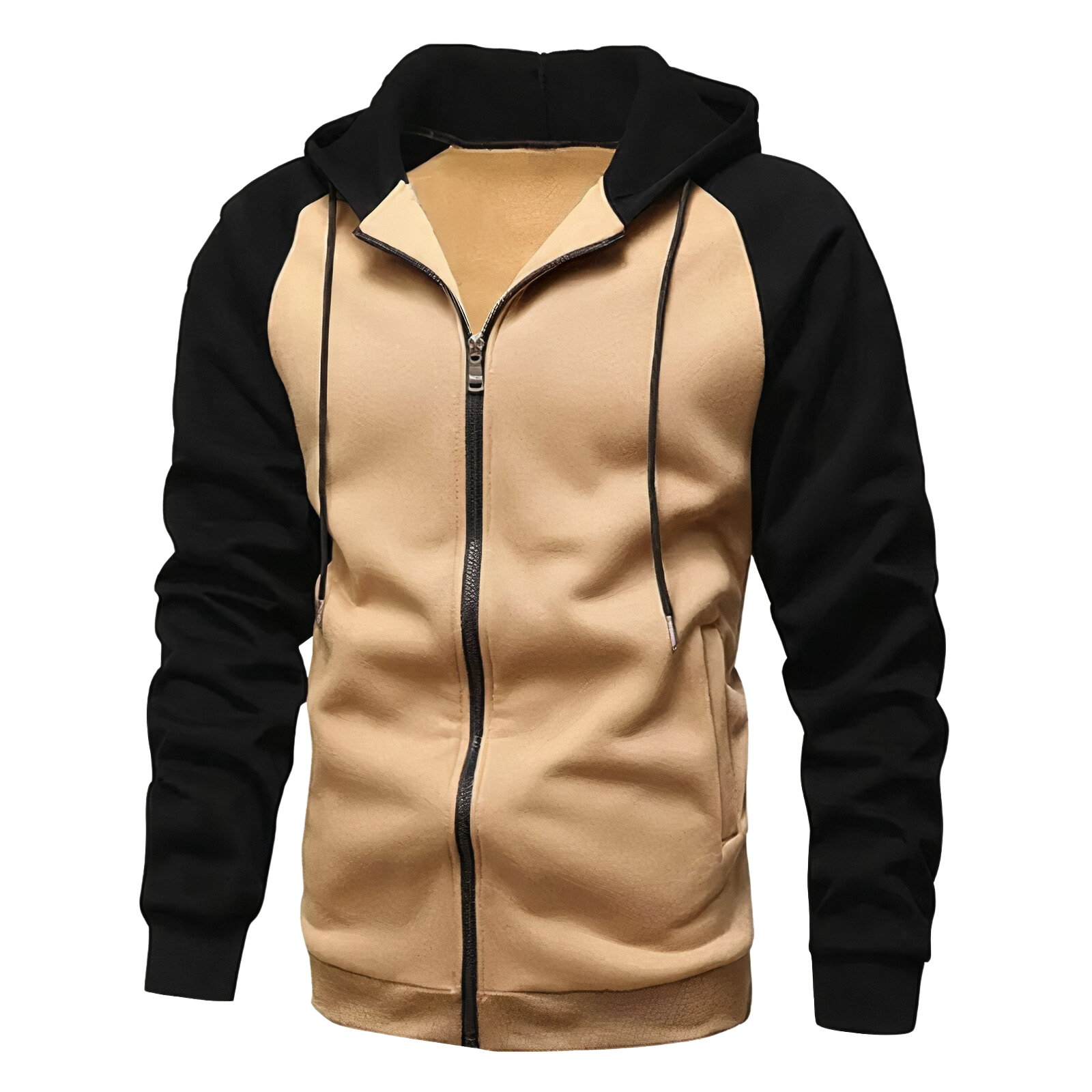 Sudadera deportiva con capucha, cremallera y cordón para hombre, mangas raglán