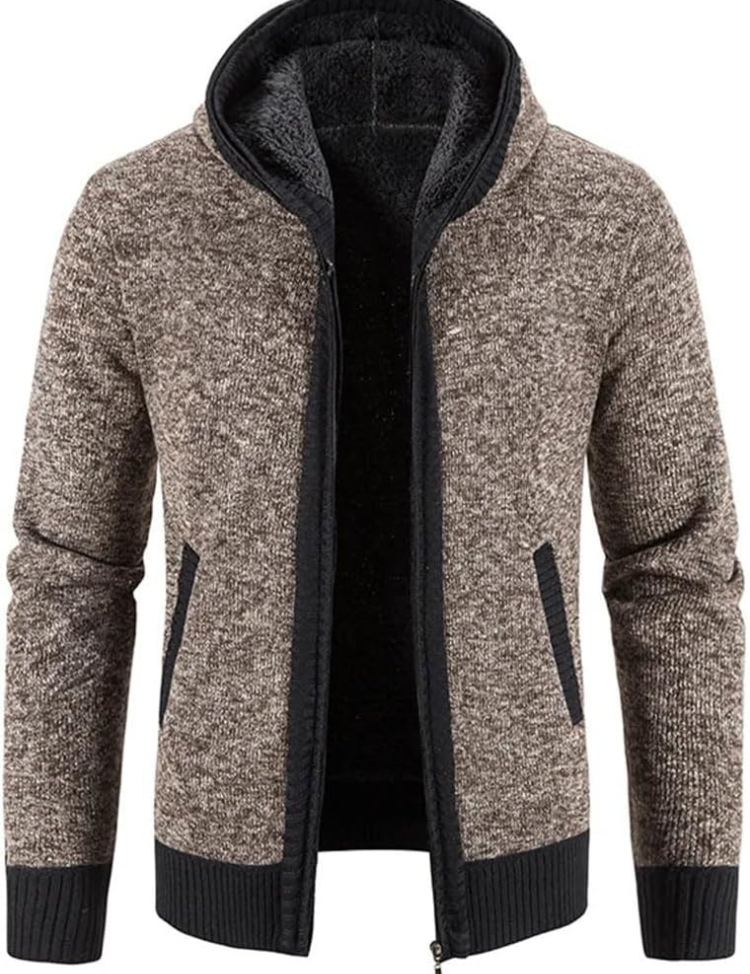 Cárdigan con capucha y cremallera para hombre con interior forrado y capucha con cordón ajustable