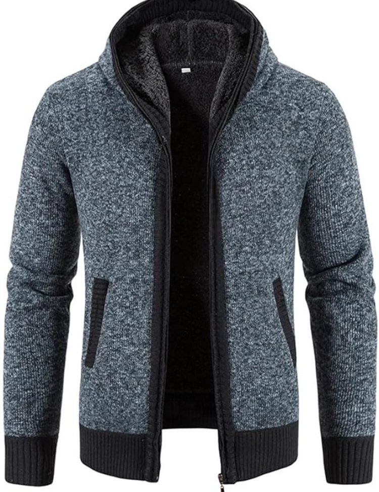 Cárdigan con capucha y cremallera para hombre con interior forrado y capucha con cordón ajustable