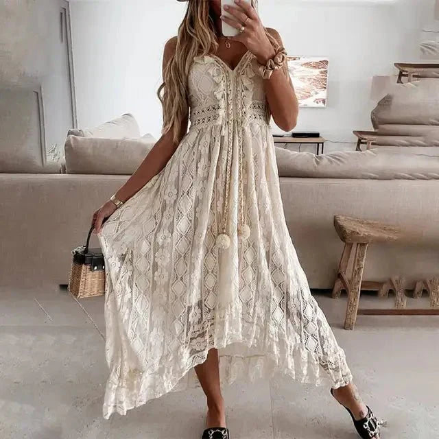 Vestido largo bohemio sin mangas con cuello en V y borlas para mujer