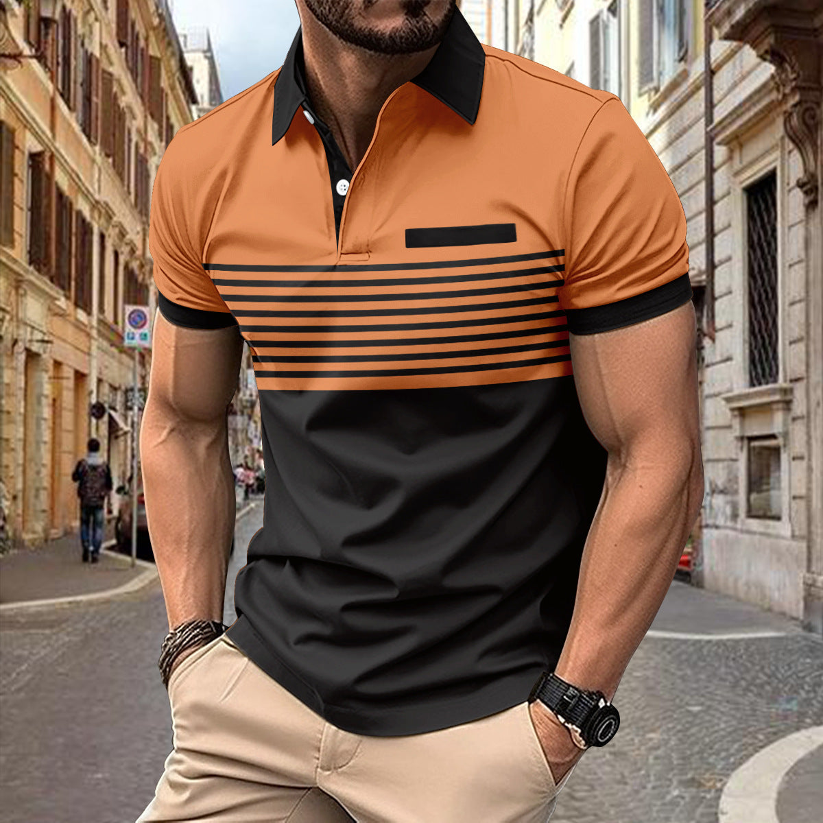 Polo de manga corta ajustado para hombre con diseño de rayas y bloques de color