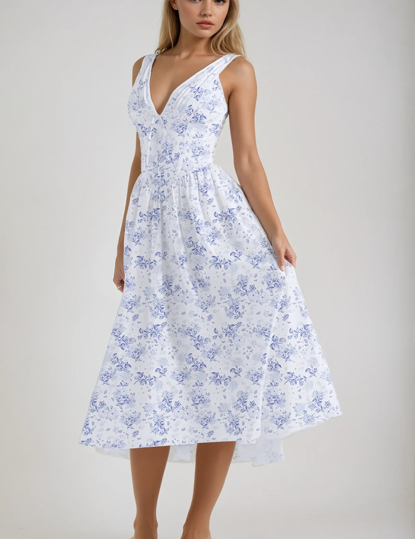 Vestido midi con corsé floral para mujer con escote en V y falda amplia