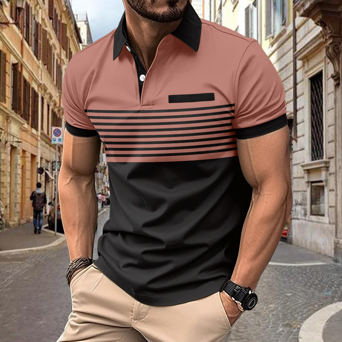 Polo de manga corta ajustado para hombre con diseño de rayas y bloques de color