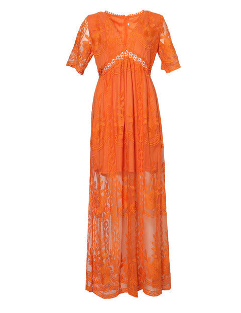 Vestido largo de mujer con escote en V, bordado transparente y mangas cortas