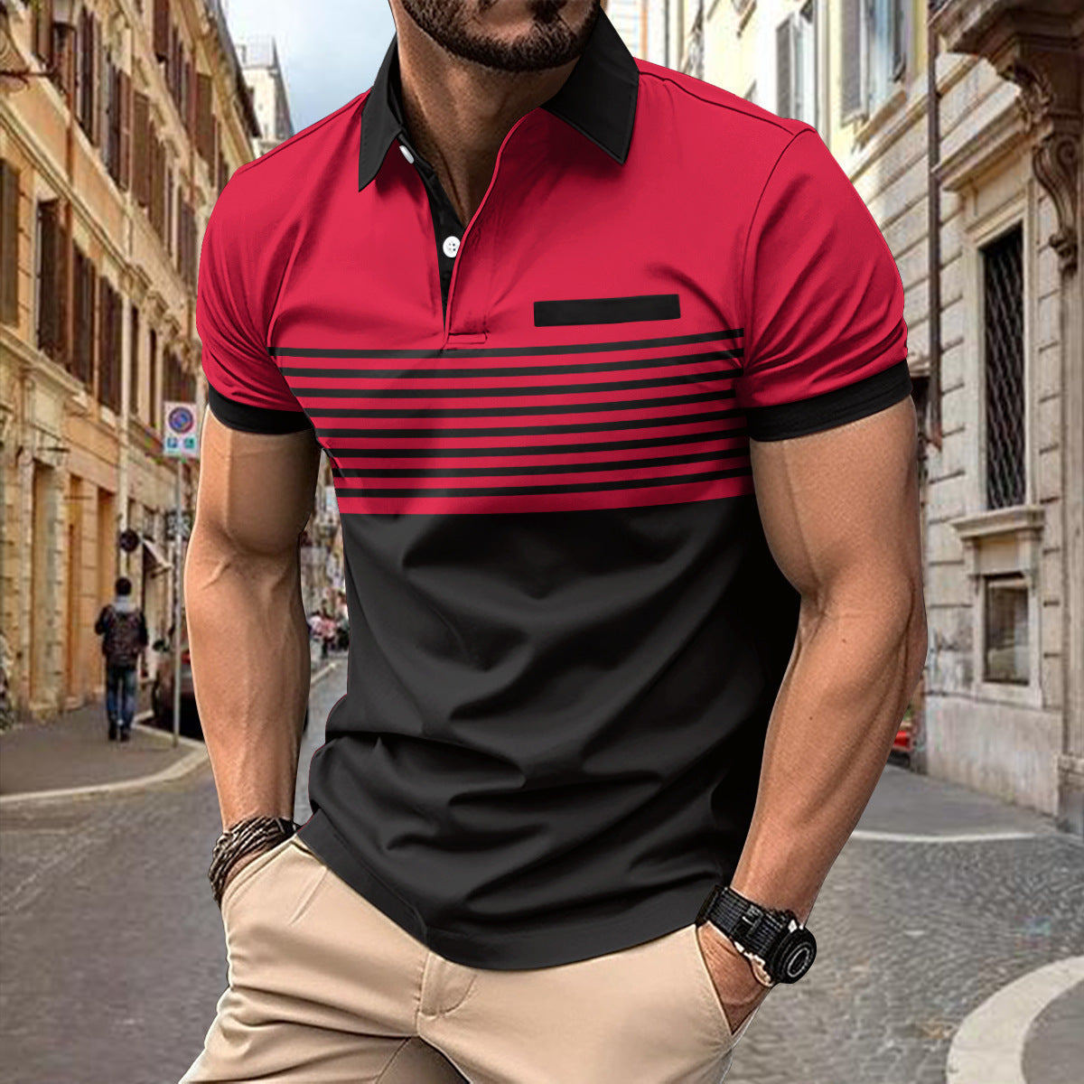 Polo de manga corta ajustado para hombre con diseño de rayas y bloques de color